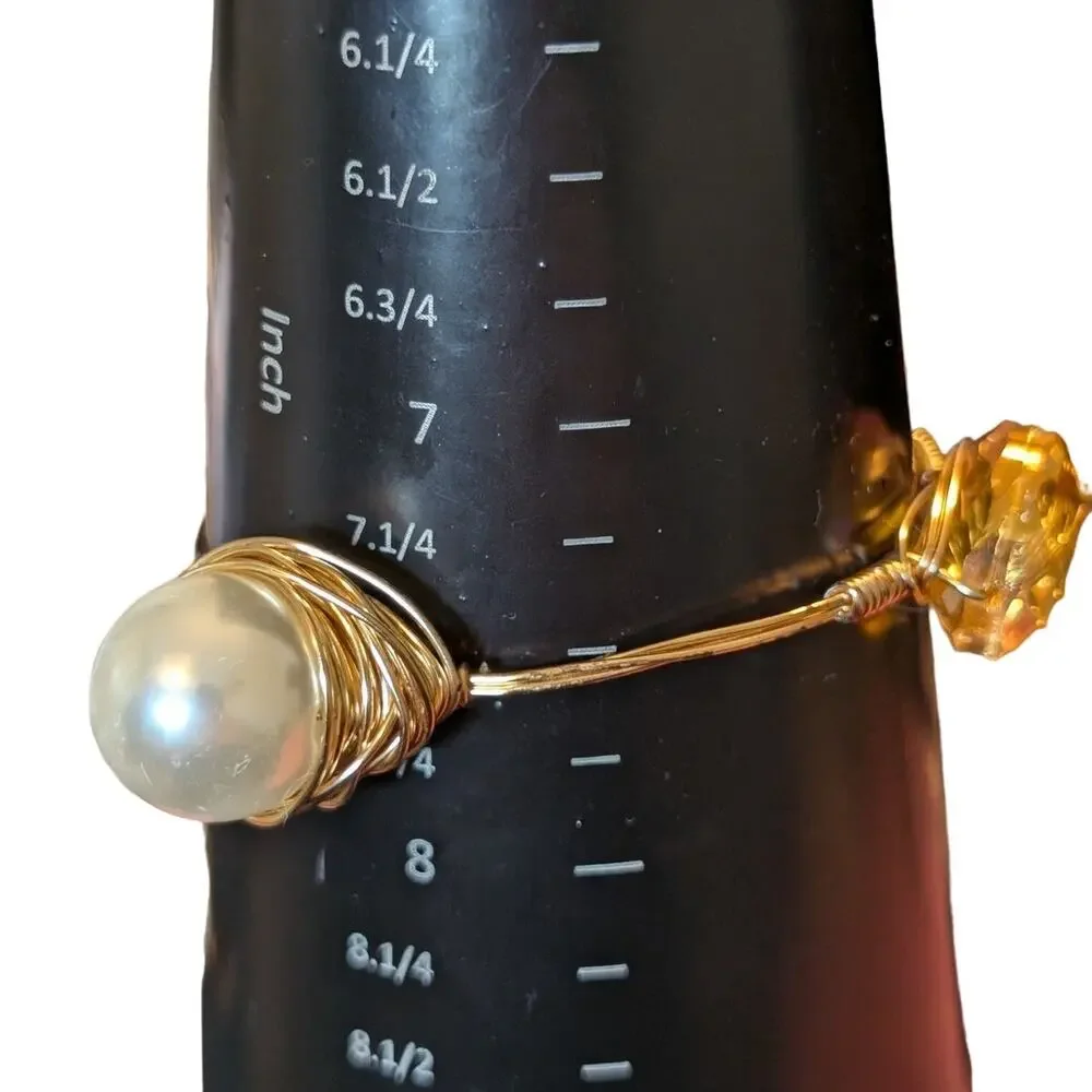 Two Chunky Wire Wrapped Gold Tone Faux Pearl Gem 2.5